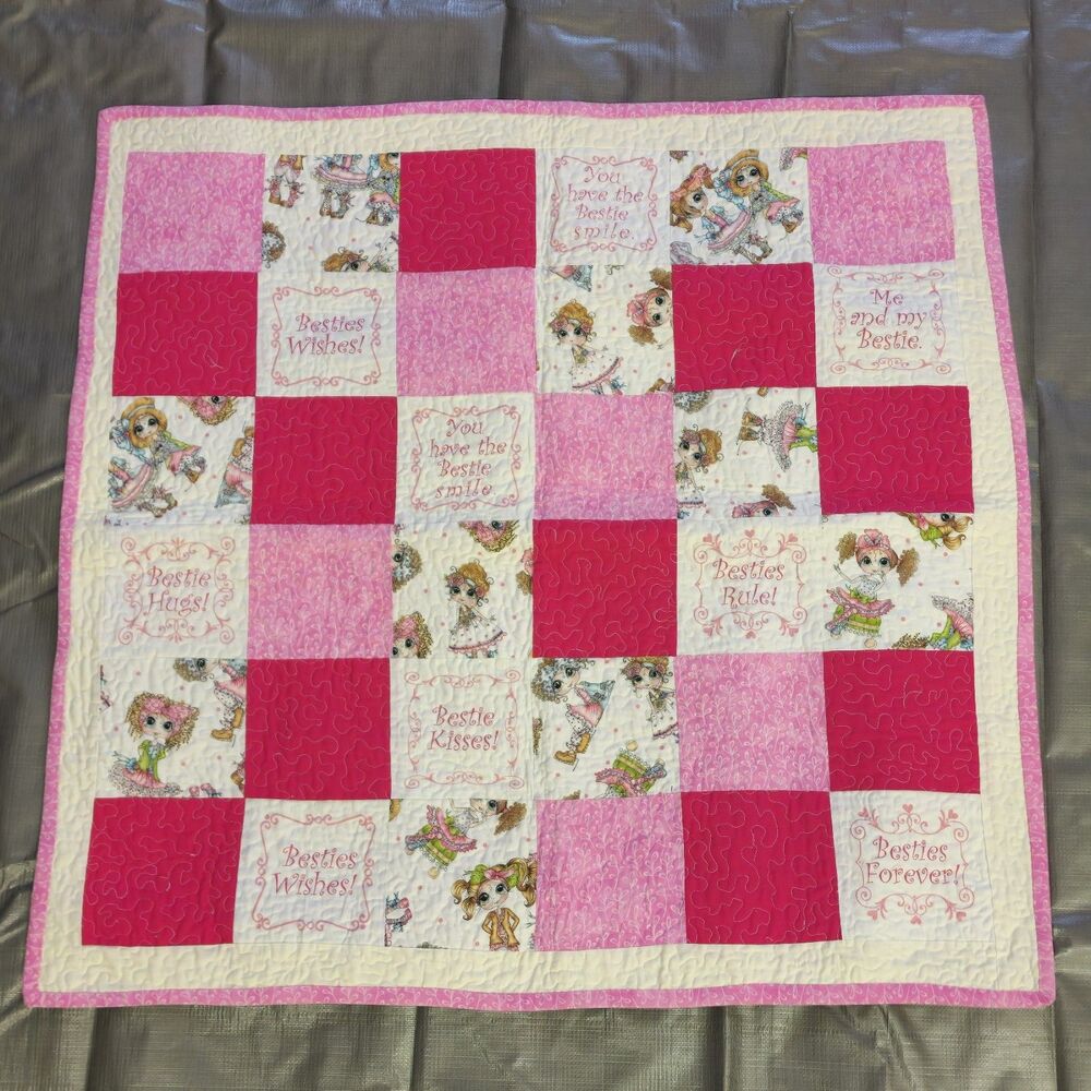 Best Friends "Besties" Lap Quilt Baby Girl Pink Patchwork Handmade 100% Cotton